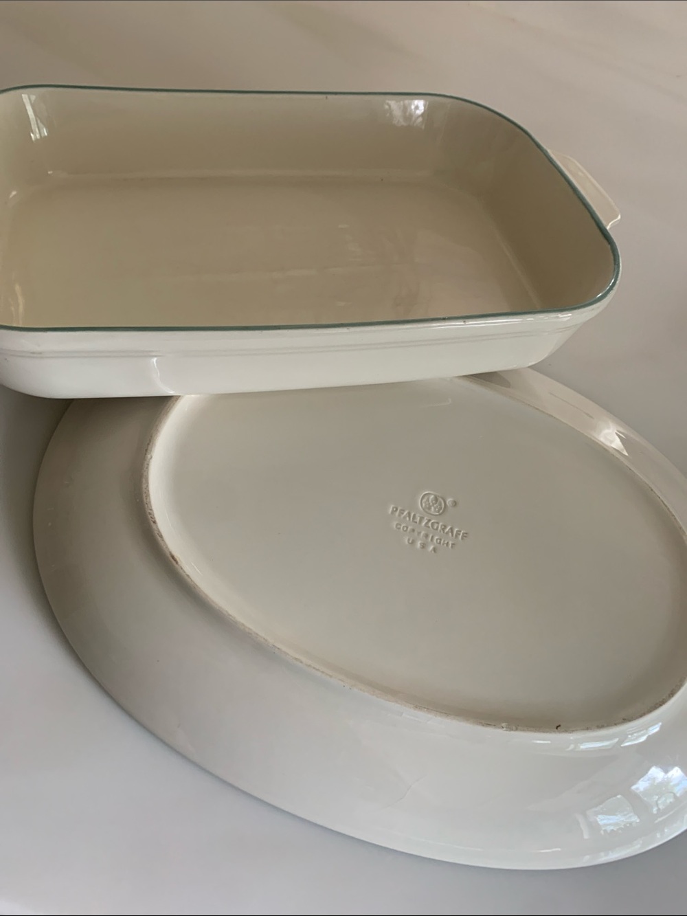 Pfaltzgraff Cream Ceramic Baking Dish with Green Trim